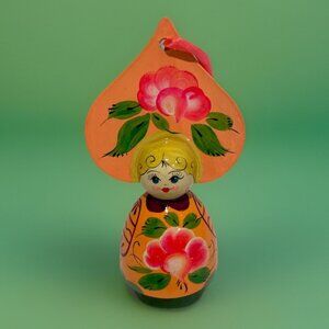 Vintage Wooden Russian Style Doll Christmas Ornament Hand Painted Holiday 5"
